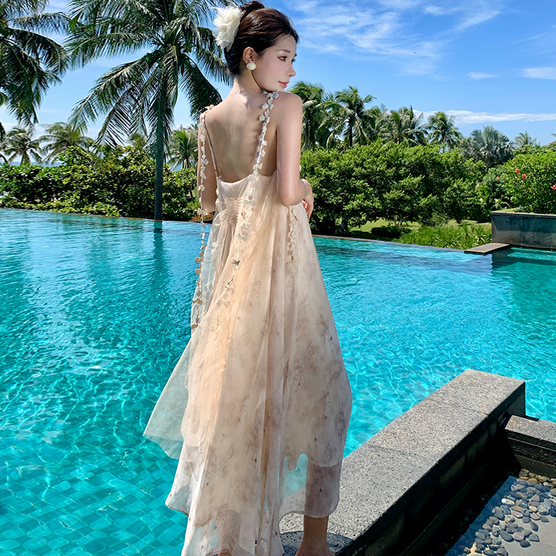 實拍新中式高級感氣質連衣裙夏季新款小眾水墨蝴蝶吊帶長裙子