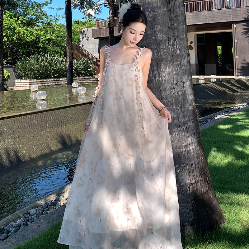 實拍新中式高級感氣質連衣裙夏季新款小眾水墨蝴蝶吊帶長裙子