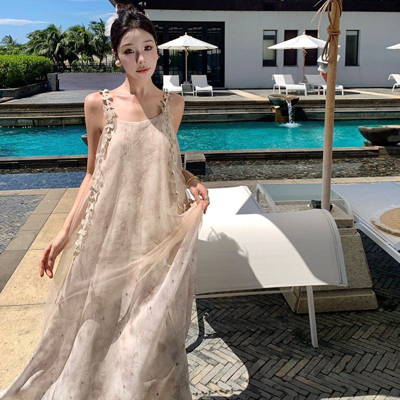 實拍新中式高級感氣質連衣裙夏季新款小眾水墨蝴蝶吊帶長裙子