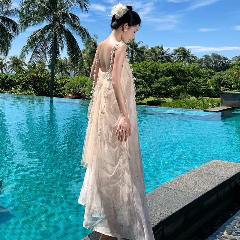 實拍新中式高級感氣質連衣裙夏季新款小眾水墨蝴蝶吊帶長裙子