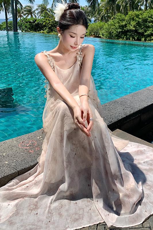 實拍新中式高級感氣質連衣裙夏季新款小眾水墨蝴蝶吊帶長裙子