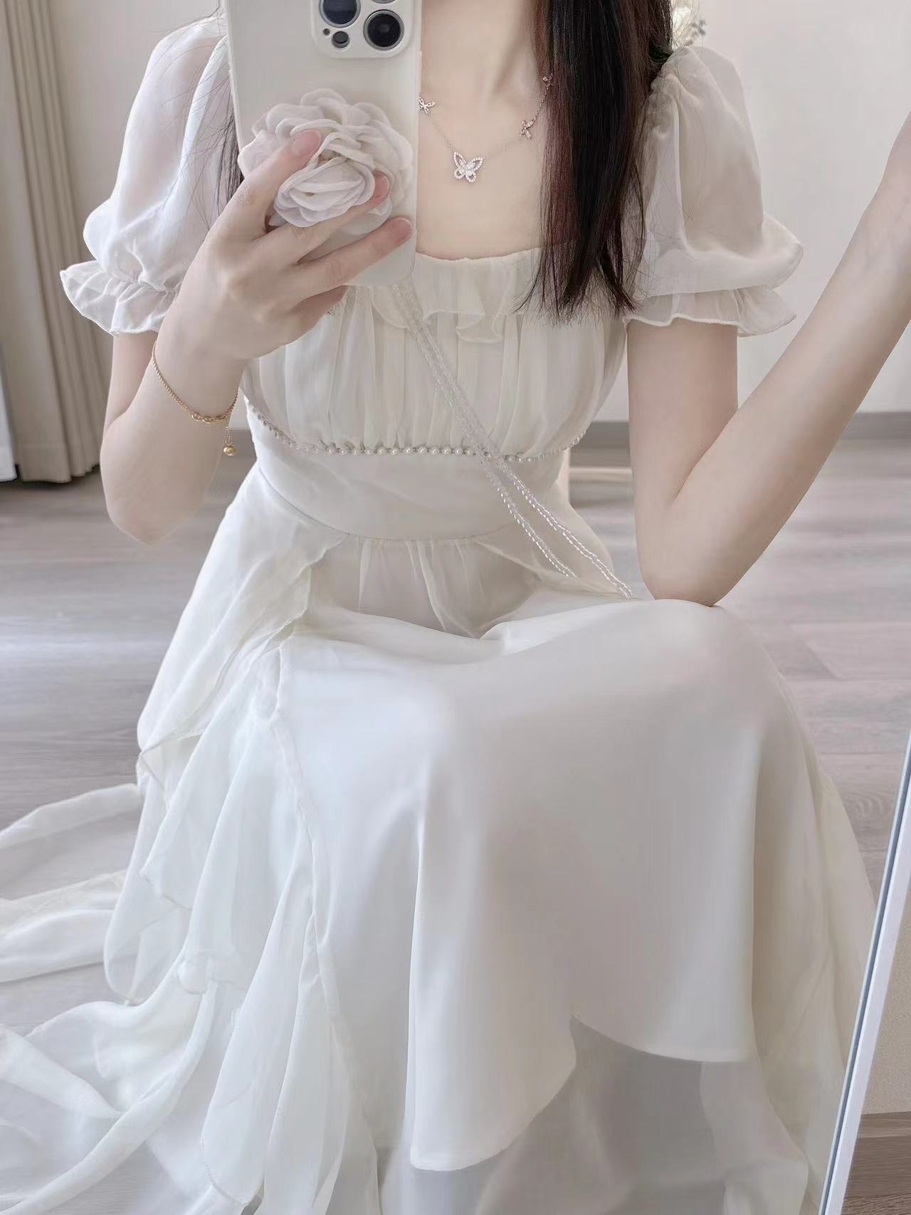 法式方領甜美溫柔仙女風連衣裙女外貿夏女裝收腰顯瘦中長款裙子