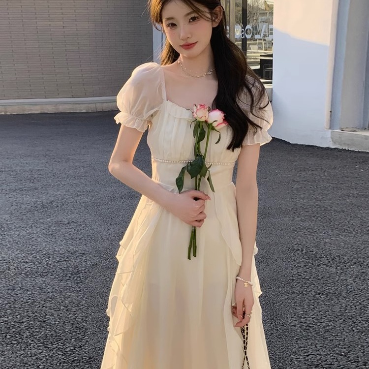 法式方領甜美溫柔仙女風連衣裙女外貿夏女裝收腰顯瘦中長款裙子