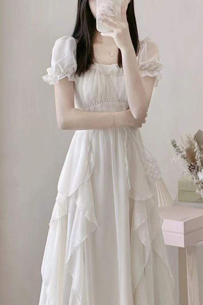 法式方領甜美溫柔仙女風連衣裙女外貿夏女裝收腰顯瘦中長款裙子
