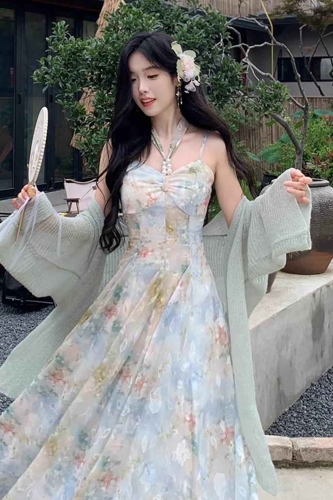 2026春季新款油畫秘境復古油畫感氣質印新中士花繡花掛脖吊帶裙女