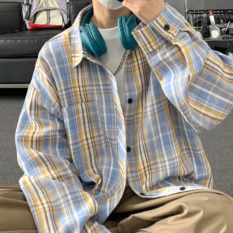 實拍2025春季新款長袖襯衫男英倫格品質潮牌寬松日系復古高街上衣