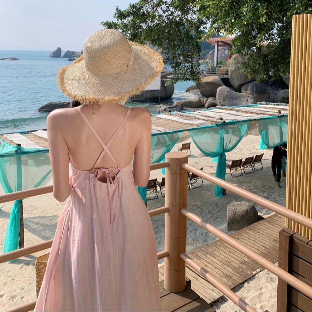 實拍粉色花朵度假風掛脖連衣裙 溫柔甜美仙女高級感沙灘裙