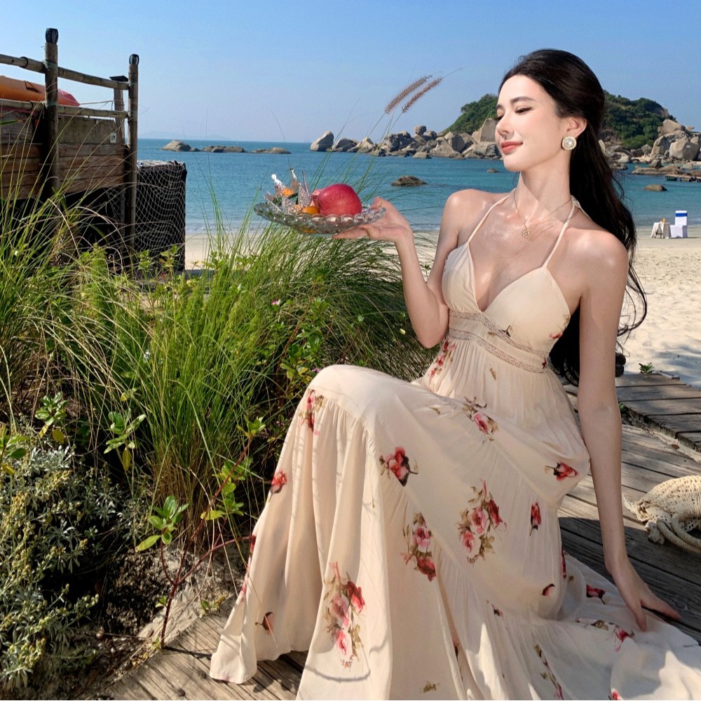 實拍女神裙 度假裙天花板蕾絲拼接含胸墊吊帶裙