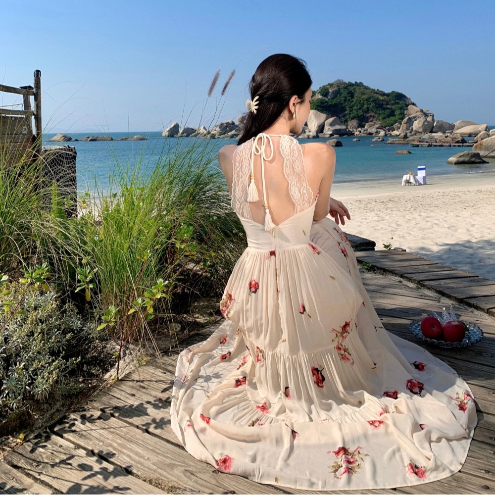 實拍女神裙 度假裙天花板蕾絲拼接含胸墊吊帶裙