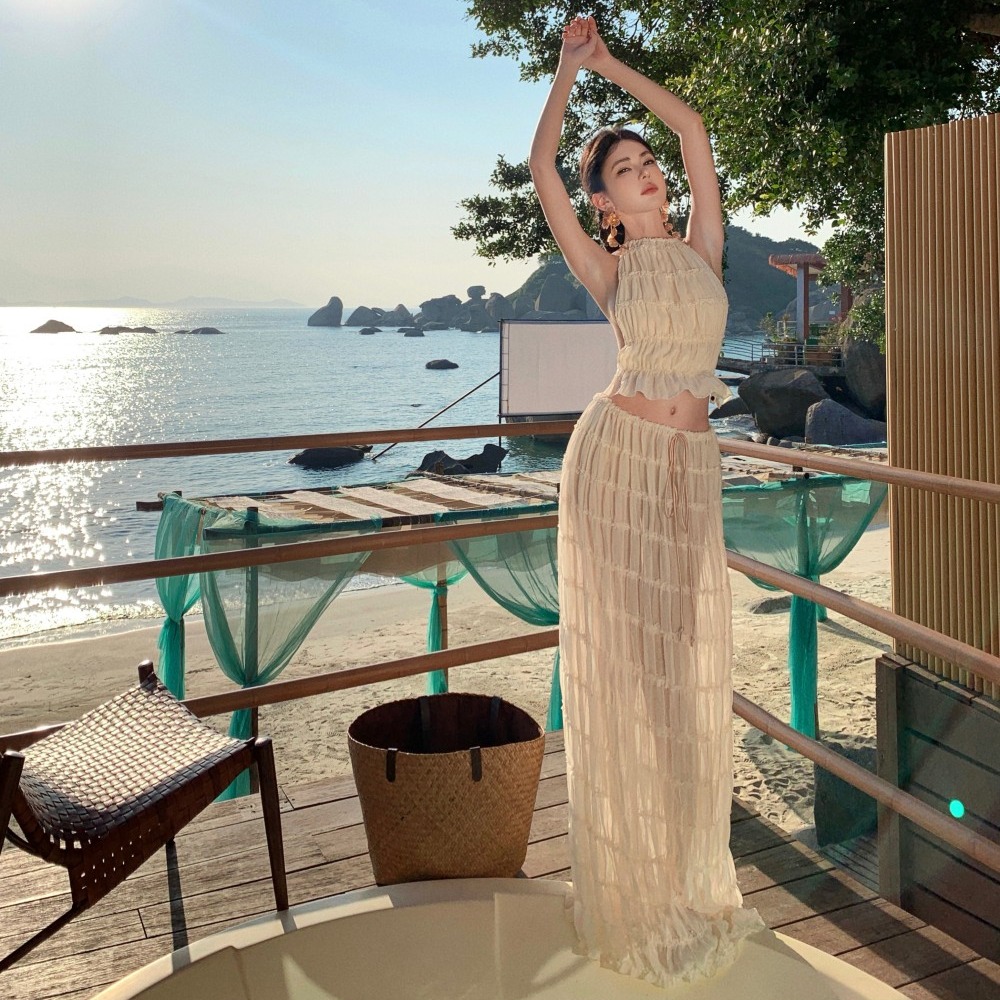 實拍女神降臨海邊度假風透視白色露背綁帶兩件套套裝連衣裙