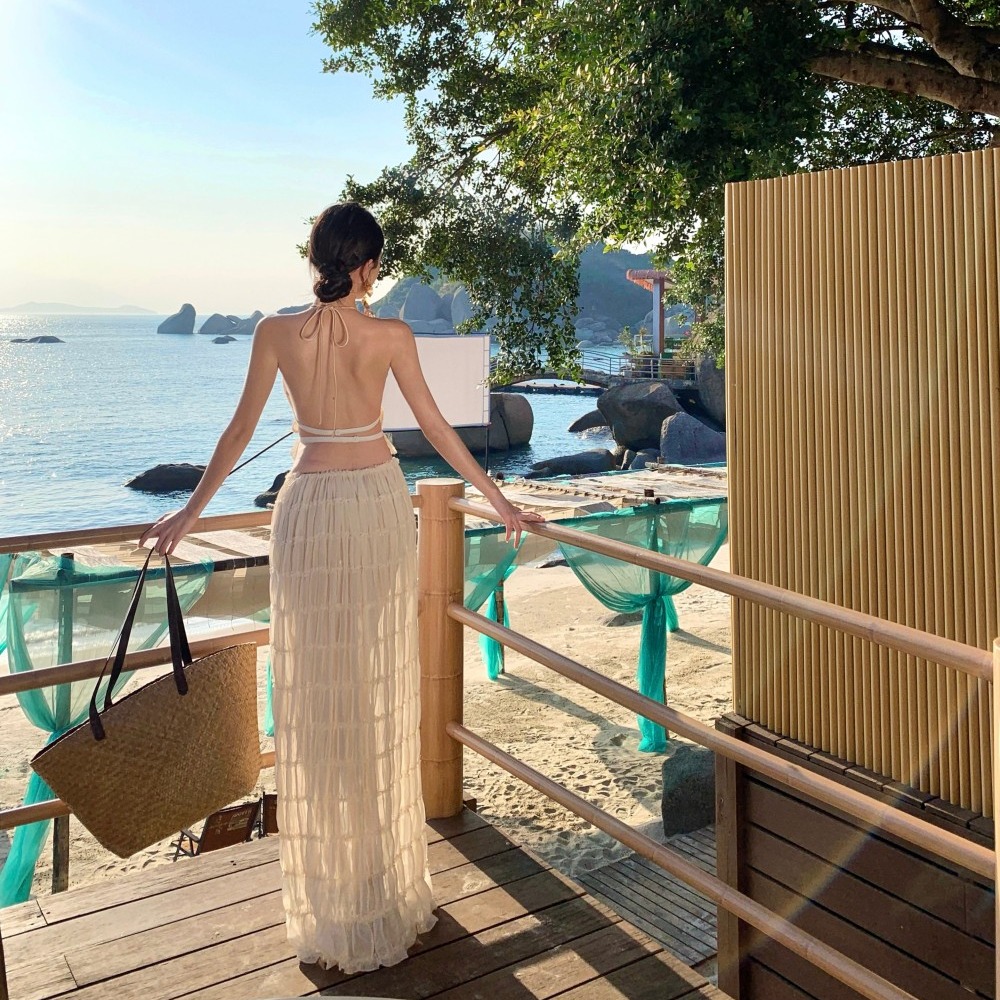 實拍女神降臨海邊度假風透視白色露背綁帶兩件套套裝連衣裙