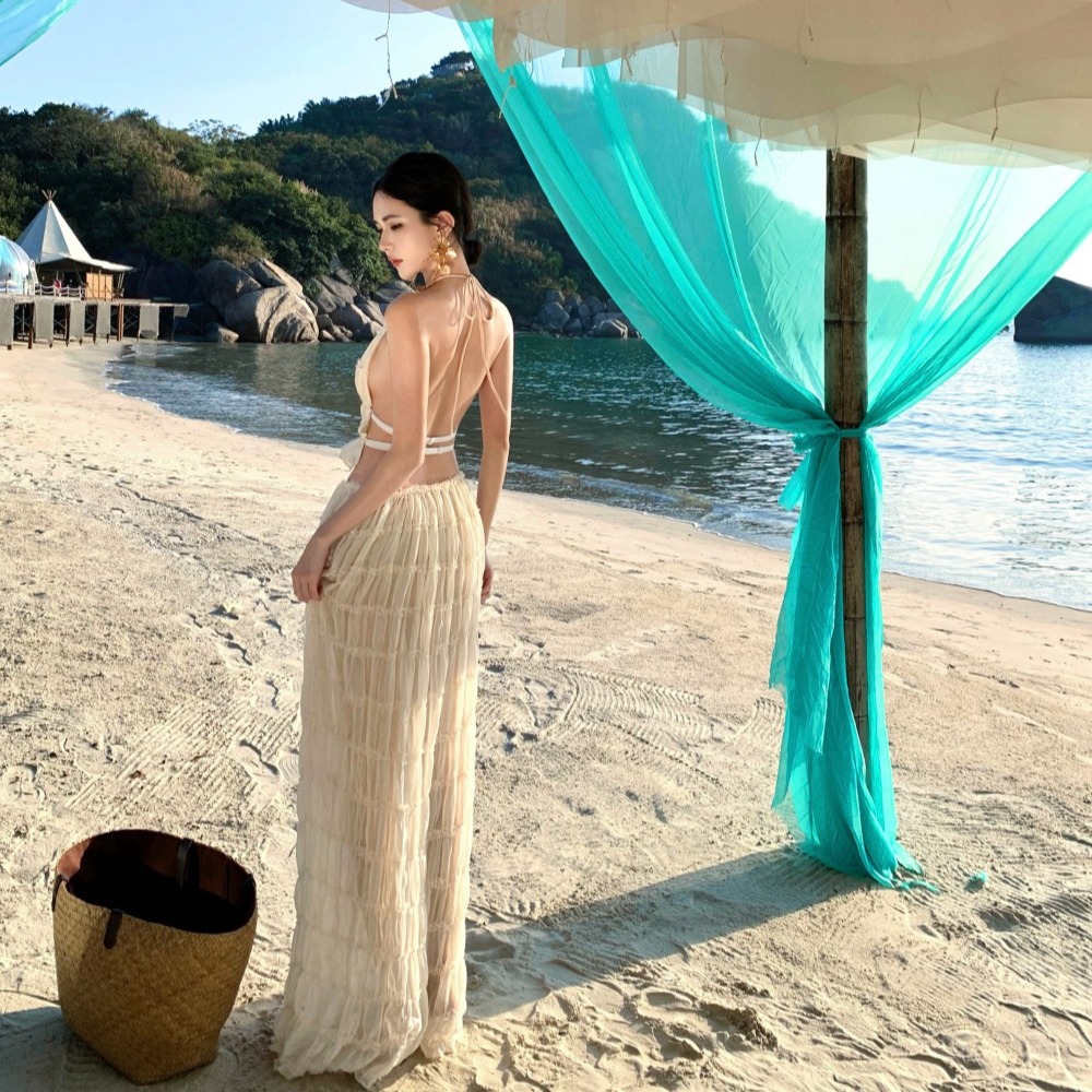 實拍女神降臨海邊度假風透視白色露背綁帶兩件套套裝連衣裙
