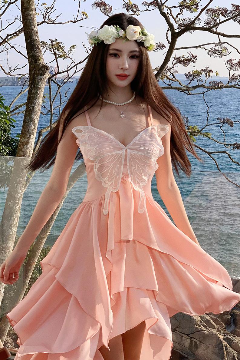 2025SS 橘粉色蝴蝶蕾絲吊帶裙女海島度假連衣裙