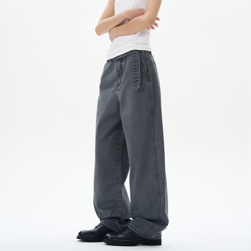 實拍2025春夏美式復古腰帶款石磨休閑褲寬男女松直筒彎刀褲潮牌