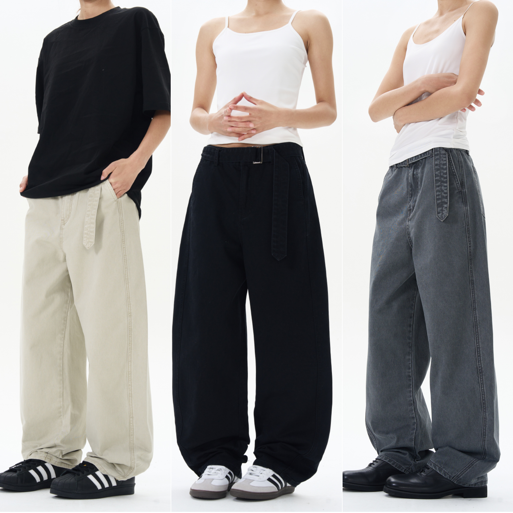 實拍2025春夏美式復古腰帶款石磨休閑褲寬男女松直筒彎刀褲潮牌