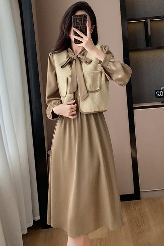 實拍2025兩件套新款法式復古氣質連衣裙女顯瘦學院風馬甲套裝裙子