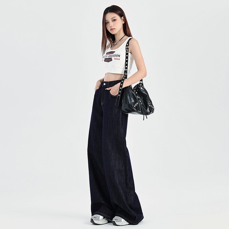 深藍美式寬松闊腿牛仔褲女2026春夏新款垂感慵懶休閑拖地直筒褲