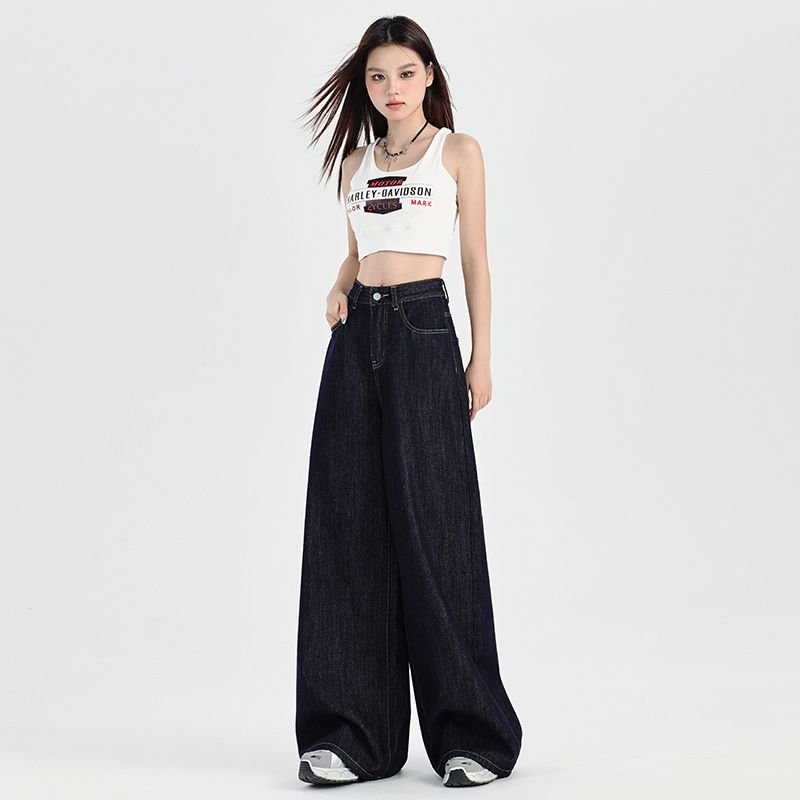 深藍美式寬松闊腿牛仔褲女2026春夏新款垂感慵懶休閑拖地直筒褲