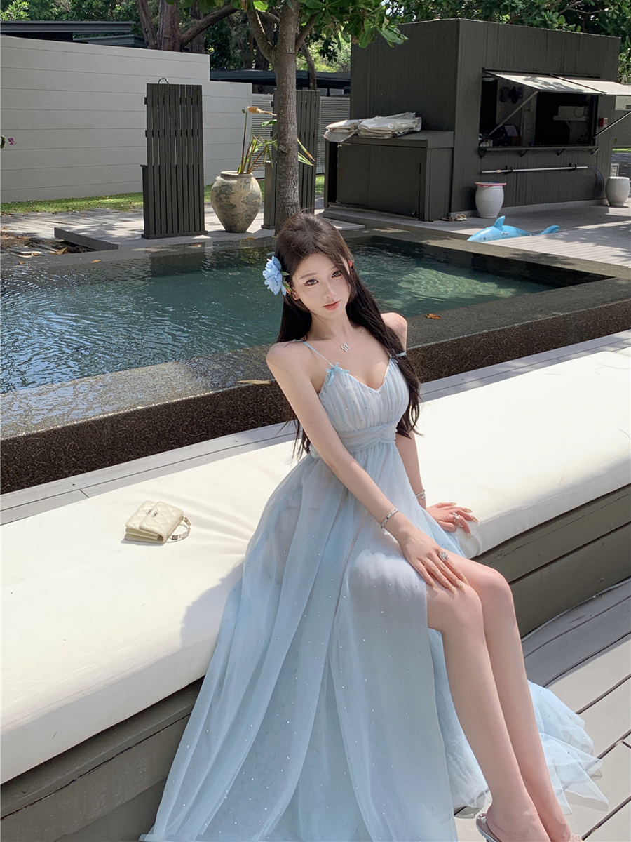 實拍性感V領絕美胸墊碎鉆收腰顯瘦吊帶連衣裙網紗長裙女