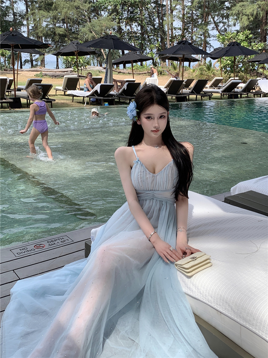 實拍性感V領絕美胸墊碎鉆收腰顯瘦吊帶連衣裙網紗長裙女