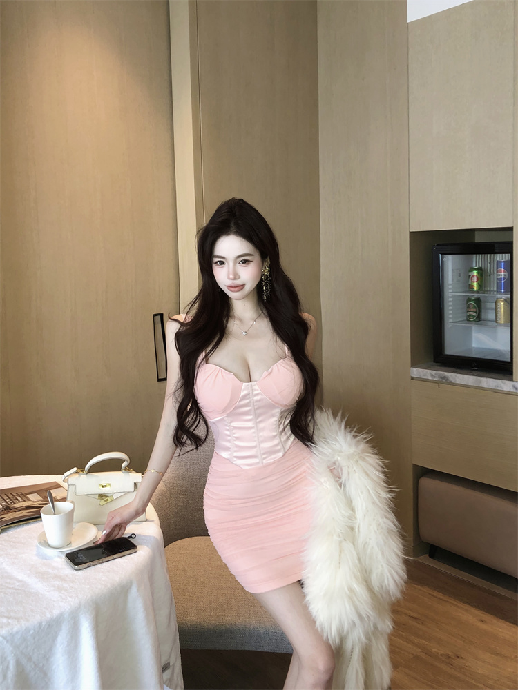 實拍實價 辣妹網紗修身束腰包臀連衣裙短款
