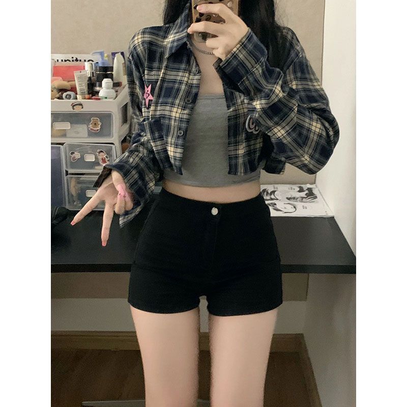 美式高腰百搭彈力簡約黑色牛仔辣妹a字短褲女2026夏季簡約款長褲