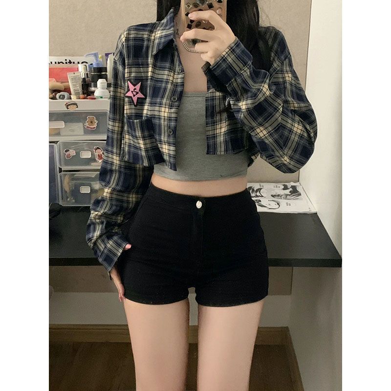 美式高腰百搭彈力簡約黑色牛仔辣妹a字短褲女2026夏季簡約款長褲