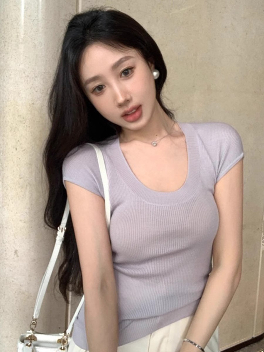 粉色針織U領短袖T恤女夏季性感純欲修身鎖骨大領口低領甜辣小上衣