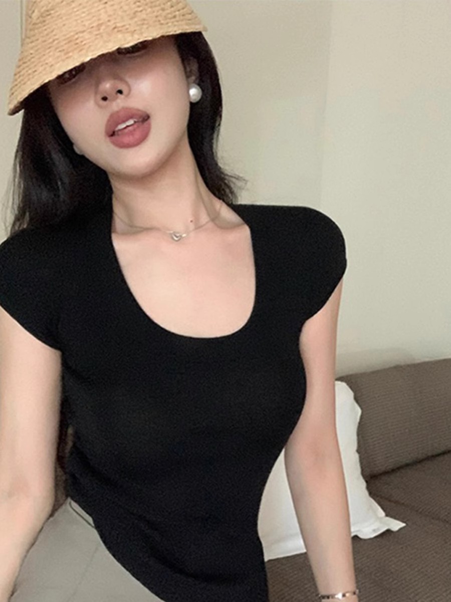 粉色針織U領短袖T恤女夏季性感純欲修身鎖骨大領口低領甜辣小上衣