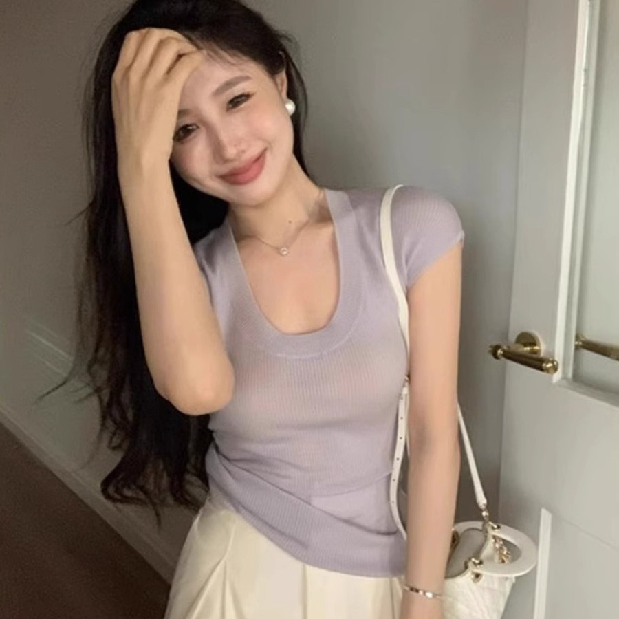 粉色針織U領短袖T恤女夏季性感純欲修身鎖骨大領口低領甜辣小上衣