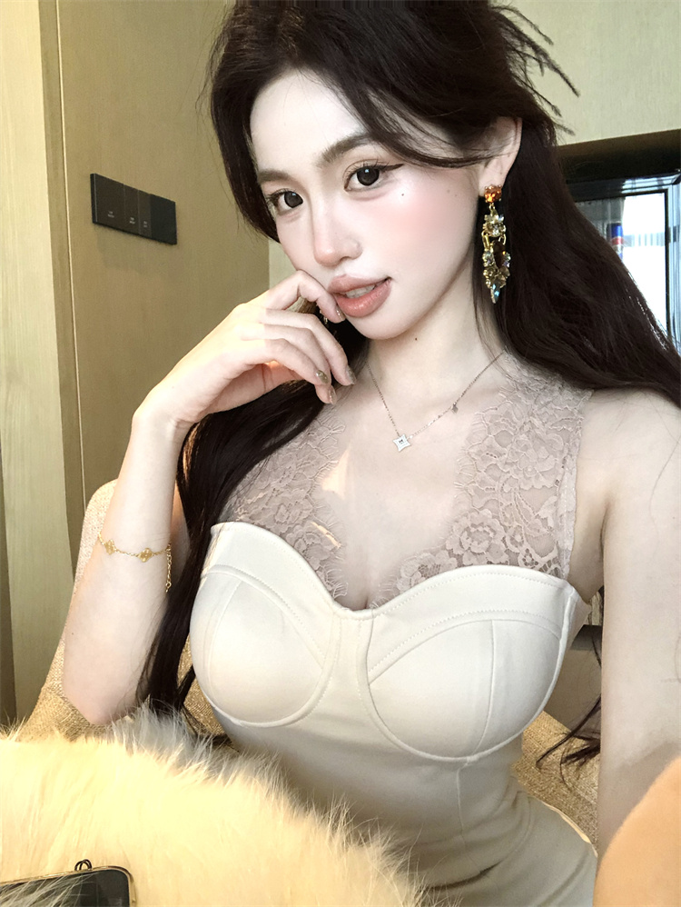 實拍實價修身蕾絲拼接后開叉包臀連衣裙中長款有胸墊