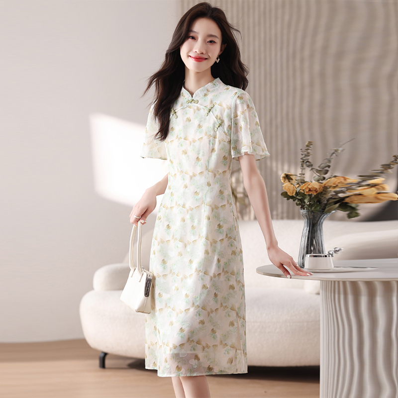 實拍旗袍改良雪紡連衣裙女2026夏新款新中式國風復古驚艷碎花裙