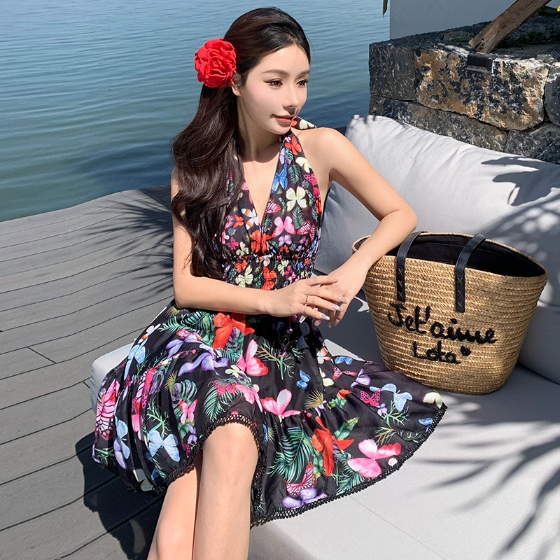 實拍歐美性感V領露背辣妹緊身無袖海邊度假掛脖連衣裙仙