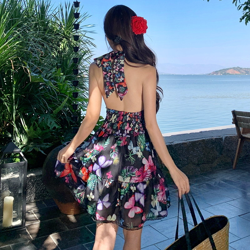 實拍歐美性感V領露背辣妹緊身無袖海邊度假掛脖連衣裙仙