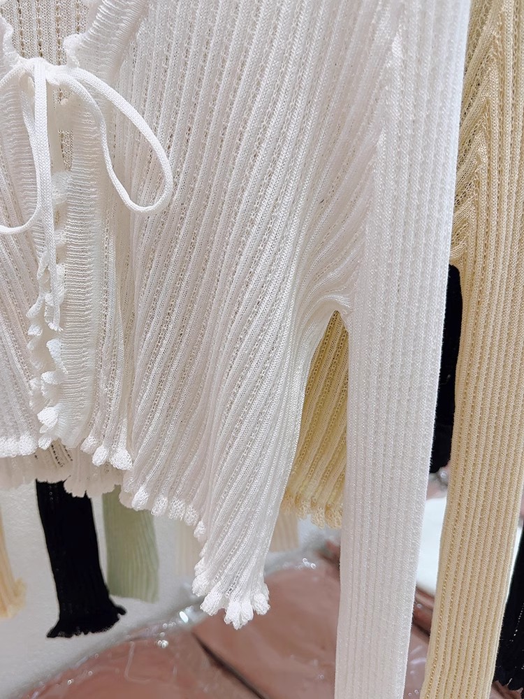 木耳邊系帶冰絲防曬外搭開衫薄款女披肩配吊帶裙子空調衫針織上衣