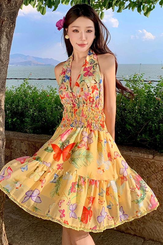 實拍歐美性感V領露背辣妹緊身無袖海邊度假掛脖連衣裙仙