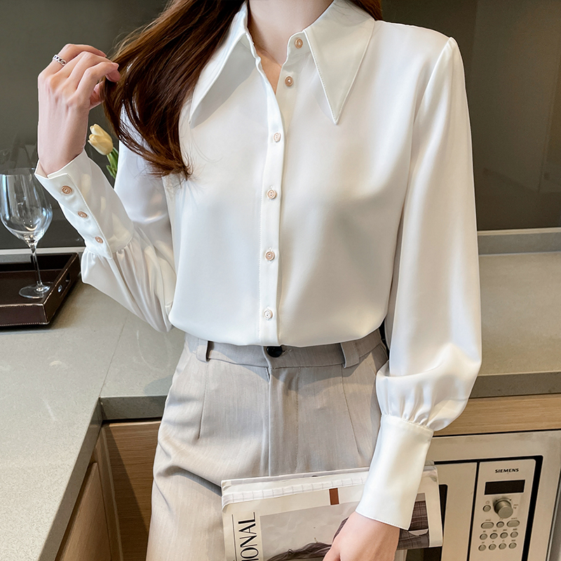緞面白色長袖襯衫女2026春秋新款設計感小尖領通勤職業上衣襯衣女