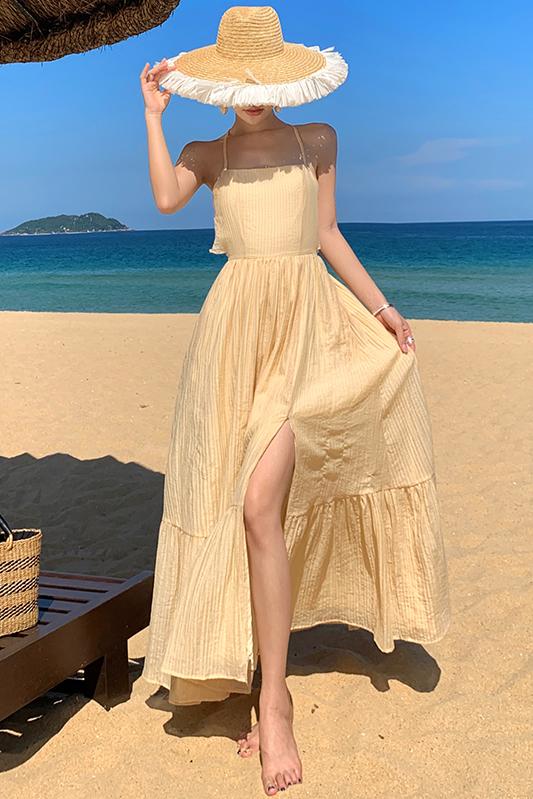 實拍超仙海邊度假連衣裙露背長裙高級氛圍拍照女神穿搭仙女裙