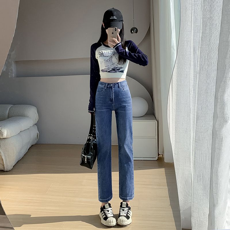 韓版穿搭甜酷風彈力牛仔褲女九分小直筒hiphop高街褲子ins潮