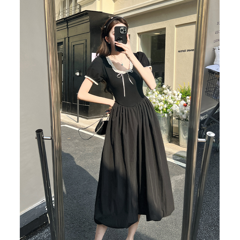 2026夏季新款甜美少女蕾絲圓領黑色連衣裙女時髦名媛風蓬蓬長裙