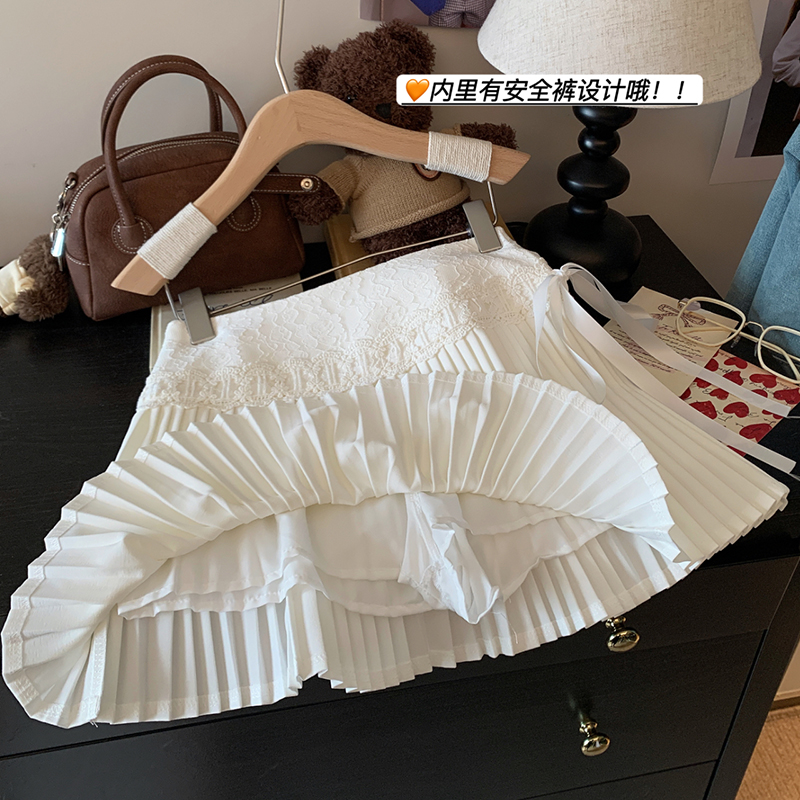 純欲少女感百搭蛋糕百褶裙女蕾絲拼接系帶短裙白色半身裙a字裙子