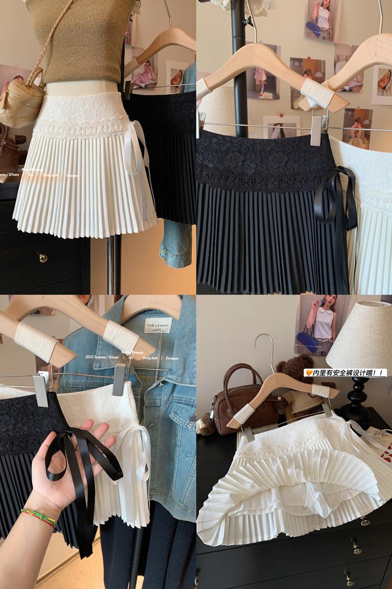 純欲少女感百搭蛋糕百褶裙女蕾絲拼接系帶短裙白色半身裙a字裙子