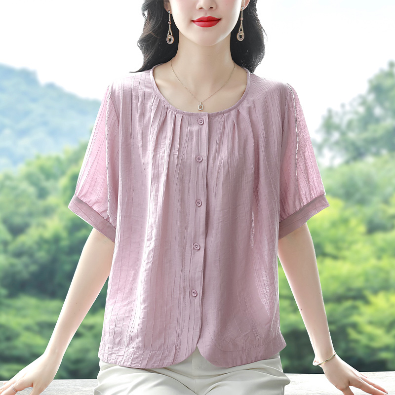 只有粉色  圓領寬松短袖上衣舒適透氣天絲棉麻襯衣大碼女裝