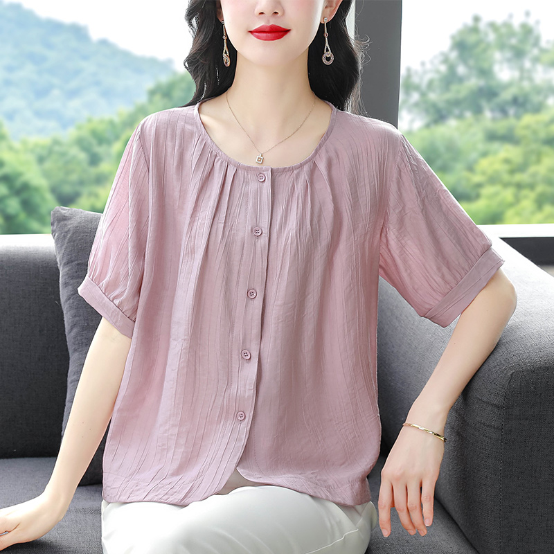 只有粉色  圓領寬松短袖上衣舒適透氣天絲棉麻襯衣大碼女裝