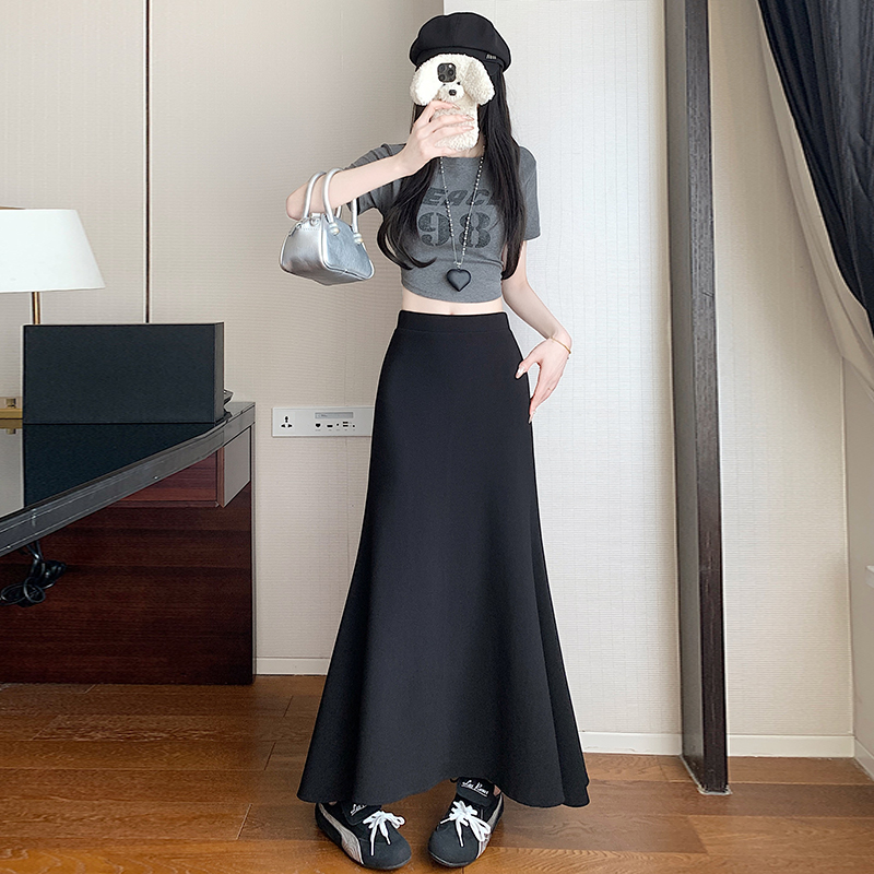 實拍春夏新款女裝高腰顯瘦包臀裙復古黑色中長款魚尾裙女
