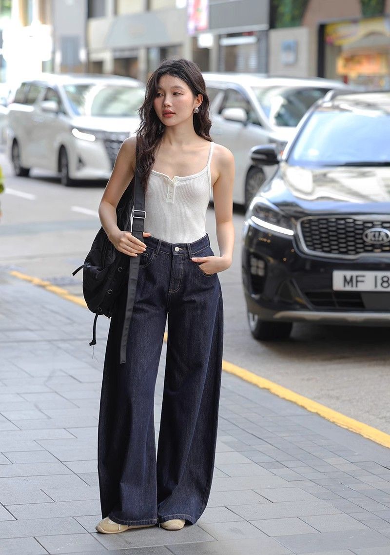 高腰垂感復古深藍簡約寬松闊腿牛仔褲女2026春夏季辣妹款長褲