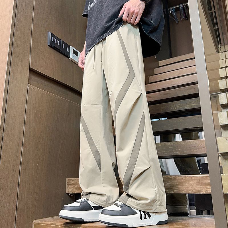 實拍2025春夏新款闊腿直筒休閑褲男拼色拖地褲男美式潮流