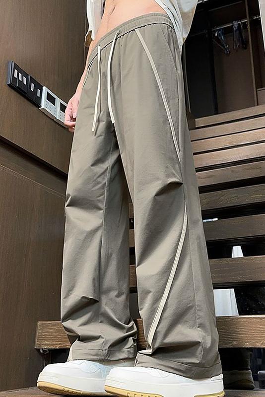 實拍2025春夏新款闊腿直筒休閑褲男拼色拖地褲男美式潮流褲子