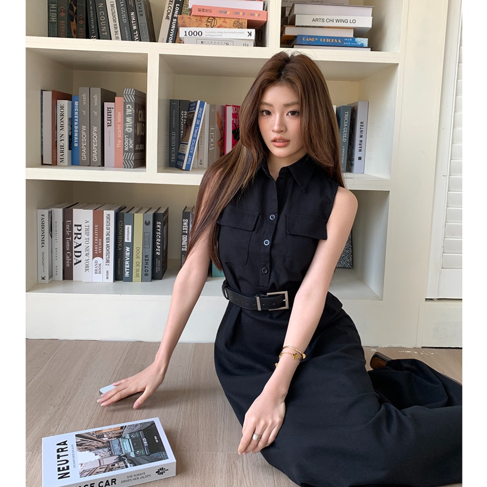 實拍2025春夏新款別致長裙氣質高級感輕奢減齡無袖連衣裙女配腰帶