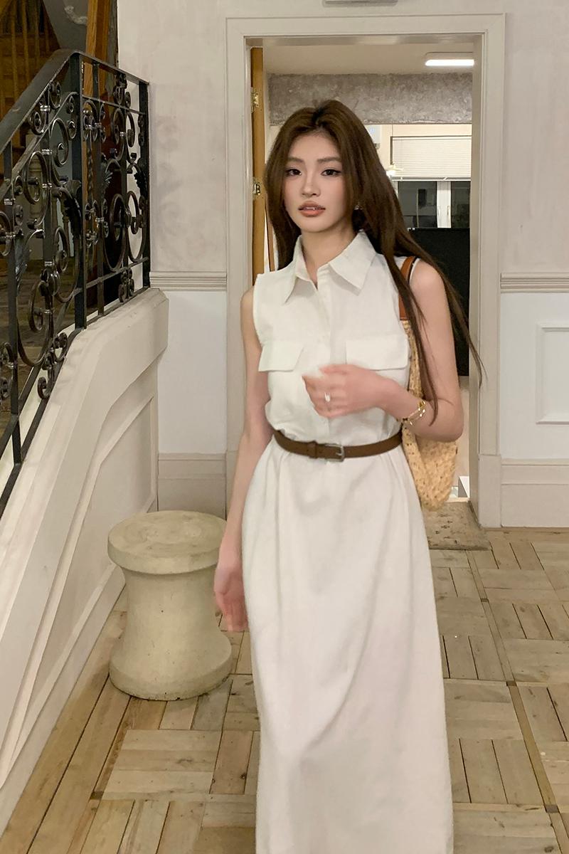 實拍2025春夏新款別致長裙氣質高級感輕奢減齡無袖連衣裙女配腰帶